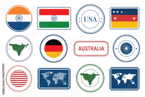 Collection of stamps featuring flags continents and country names on a white background design layout