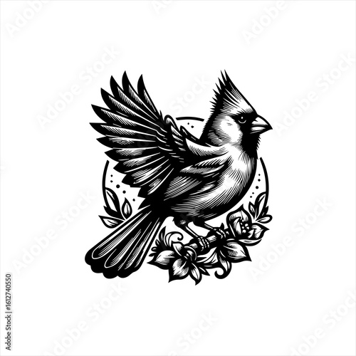 Cardinal bird with spread wings