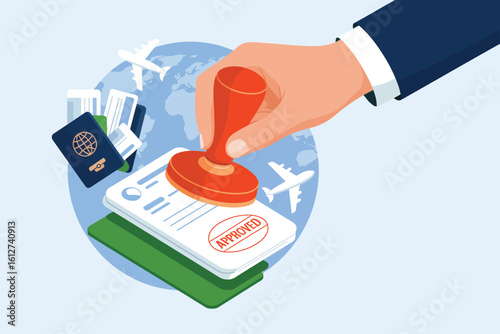 A hand stamping an approved stamp on documents next to a passport and airplane with a world map background