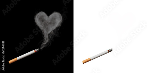 Cigarette and heart shaped realistic smoke. Black background and background transparency set.