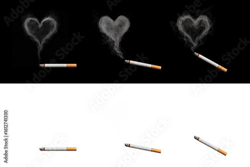 Cigarette and heart shaped realistic smoke. Black background and background transparency set.