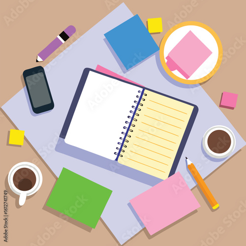 Desk with Notebook, Coffee and Stationery