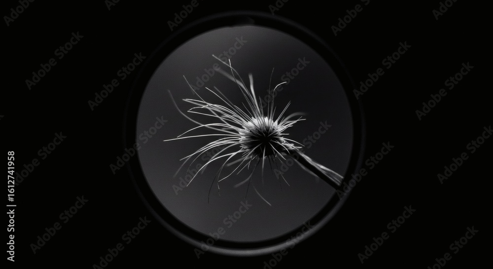 Fototapeta premium A delicate, monochrome image of a dried flower's intricate, spiky structure, framed within a circular shape.