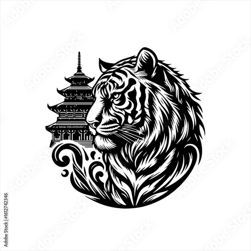 Tiger with asian temple