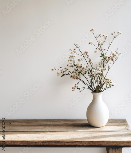 Wallpaper Mural Wooden table with a ceramic vase containing a bouquet of flowers, positioned near an empty, blank white wall. Home interior background offering ample copy space, Generative AI Torontodigital.ca