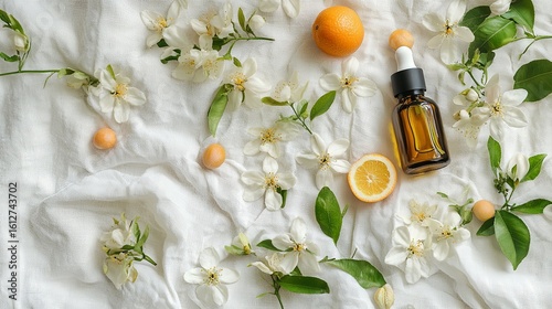 Neroli oil bottle with scattered citrus blossoms on white linen .
