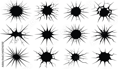 Cracked Wall and Hole Silhouette Vector Set, Impact Burst Clipart Collection.