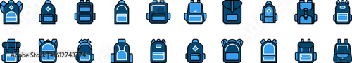 Blue Backpack or Schoolbag Filled Color Icon Bundle. Minimalistic Linear Pictogram for Web and Graphic Design, Apps, Banners, Social Network and Cards