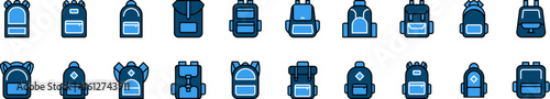 Collection of Filled Color Icons of Blue Backpack or Schoolbag. Minimalistic Linear Pictogram for Web and Graphic Design, Apps, Banners, Social Network and Cards