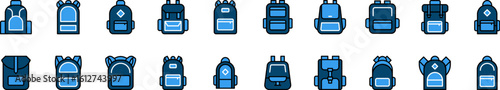 Bundle of Filled Color Icons of Blue Backpack or Schoolbag. Minimalistic Linear Pictogram for Web and Graphic Design, Apps, Banners, Social Network and Cards