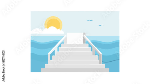 Seascape stairs to ocean view vector illustration with sun and birds for travel and summer vacation design