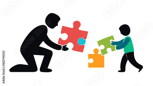 Father and child teamwork puzzle solving vector illustration concept for family support and development 100