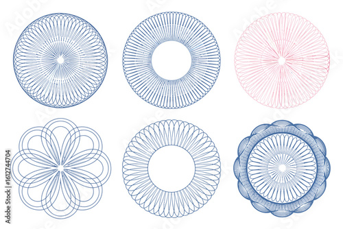 A collection of six intricate circular designs with varying patterns and one in a light pink hue