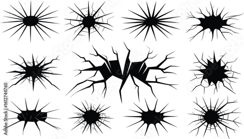 Cracked Wall and Hole Silhouette Vector Set, Impact Burst Clipart Collection.
