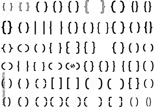 Collection of various brackets and parentheses symbols in black and white