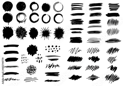 Collection of hand drawn black brush strokes and shapes