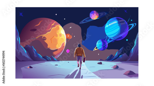 Space exploration travel adventure man with backpack on alien planet vector illustration artwork design
