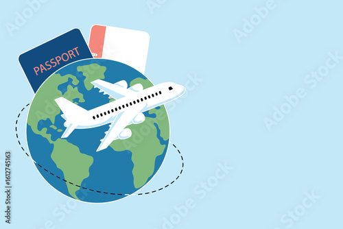A vector illustration of a plane flying around the earth with a passport and ticket on a light blue background