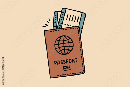 Illustration of a passport with a globe and airline tickets sticking out on a light beige background