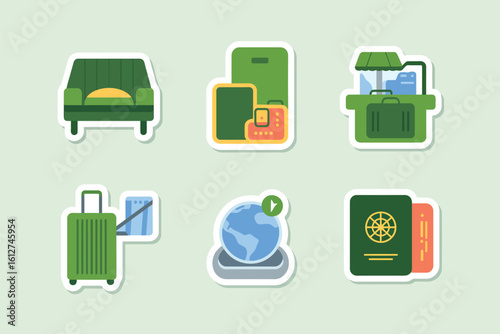 A collection of travel themed stickers including luggage passport and globe on a light green background
