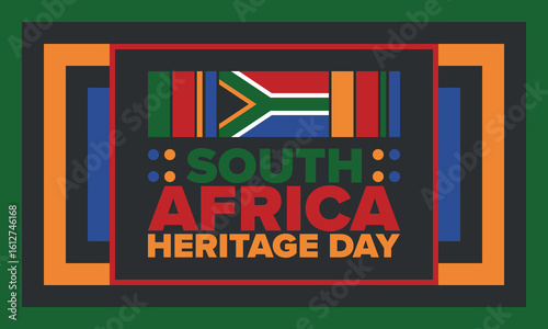 South Africa Heritage Day. Happy holiday. Celebrate culture and traditions of nation. South African flag. Poster with illustration. Pattern design. Vector