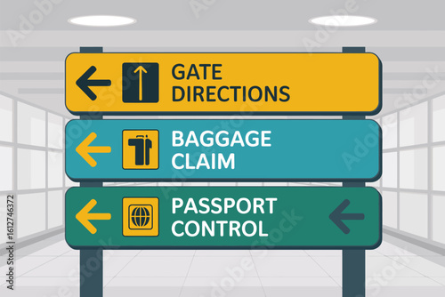Airport signage displaying gate directions baggage claim and passport control in a modern design