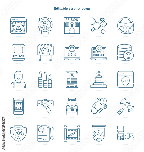 Crime stroke icon. Crime line icon set. editable stroke icon pack