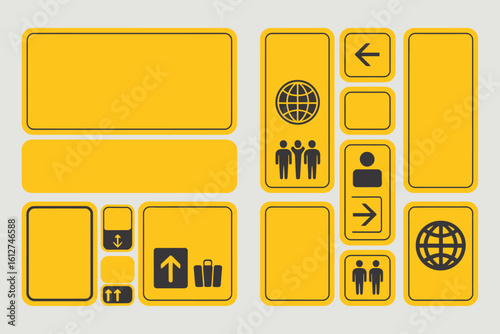 A collection of yellow airport signs with symbols for directions and services on a white background