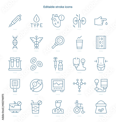Diabetes stroke icon. Diabetes line icon set. editable stroke icon pack