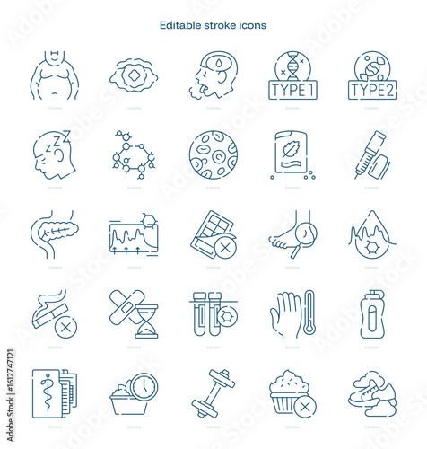 Diabetes stroke icon. Diabetes line icon set. editable stroke icon pack