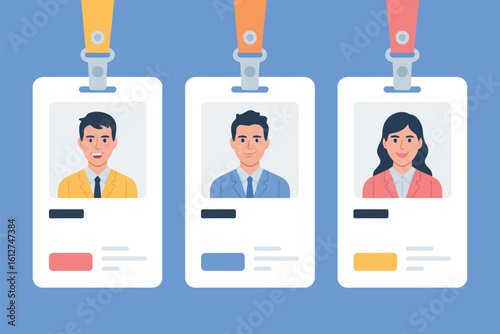 Illustration of three id badges with different people and colored lanyards on a blue background