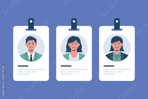 Three id cards displaying portraits of diverse professionals on a blue background in a flat design style