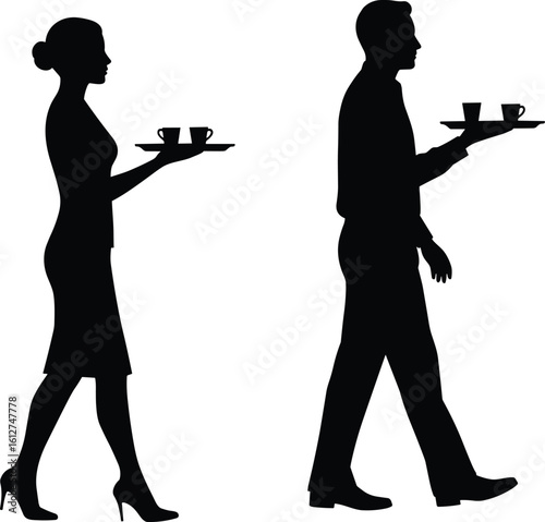 Silhouettes of Male and Female Waiters Carrying Trays with Coffee Cups, Restaurant Service Staff, Hospitality Industry, Serving Concept