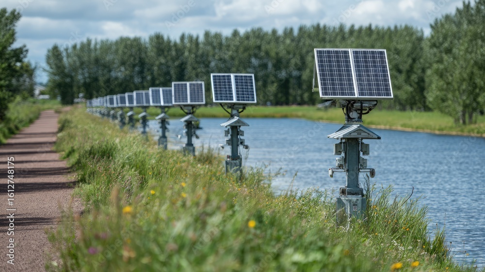 Fototapeta premium Solar panels on posts along a canal, path beside