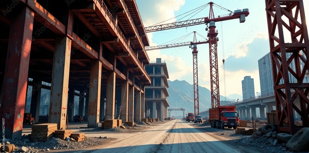 Naklejka premium Steel beams and scaffolding at a bustling construction site, buildings, development, construction