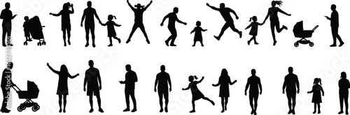 Silhouettes of parents and children in daily activities, walking, playing, pushing strollers, bonding moments, isolated on white background