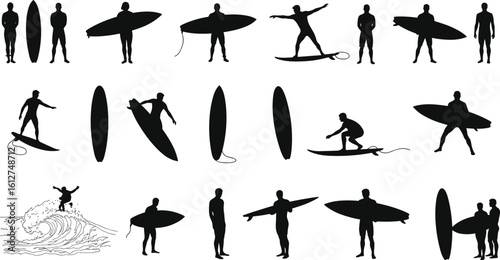 Silhouettes of surfers with surfboards in action, standing poses, riding waves, surfing equipment, extreme water sport vector illustration set