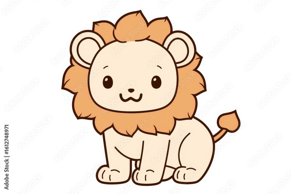 Fototapeta premium Cute lion cartoon coloring page for kids, kawaii animal vector illustration with bold black line art, simple minimal design on white background