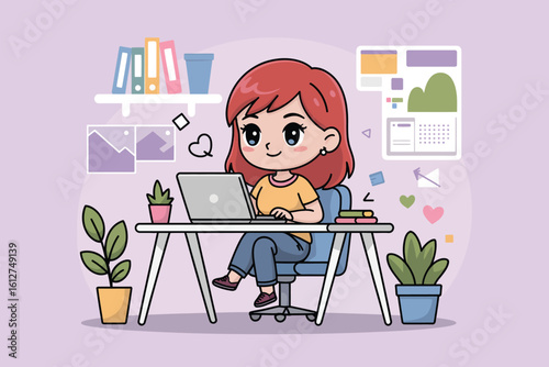Illustration of a cartoon woman with red hair working on a laptop at a desk in a home office space