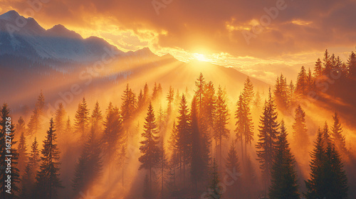 Golden sunlight streams through a forest of pine trees, with mountains visible in the distance under a cloudy sky.