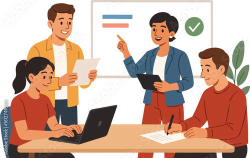 Diverse team collaborating on project with laptop whiteboard documents and enthusiastic leadership in a modern office environment