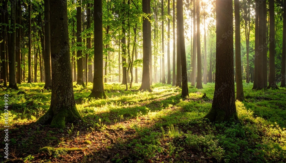 Fototapeta premium A silent forest bathed in morning sunlight, casting peaceful rays through tall trees