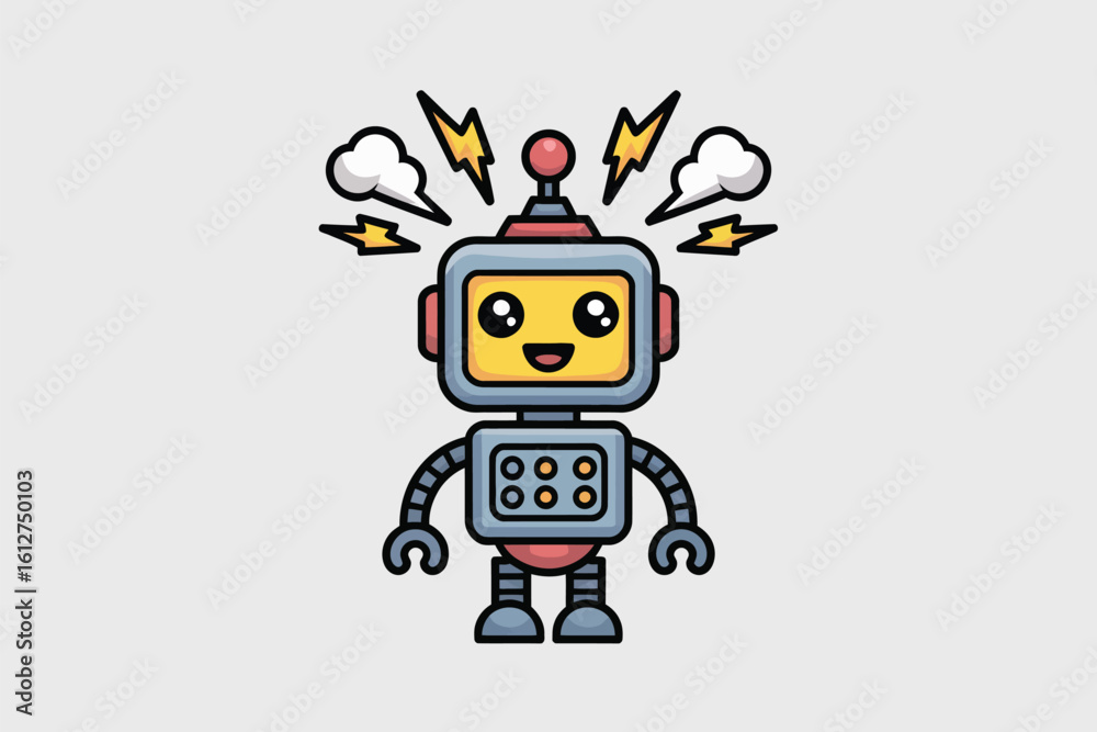 Fototapeta premium Cartoon robot with a square head and round eyes surrounded by lightning bolts and white clouds on a white background