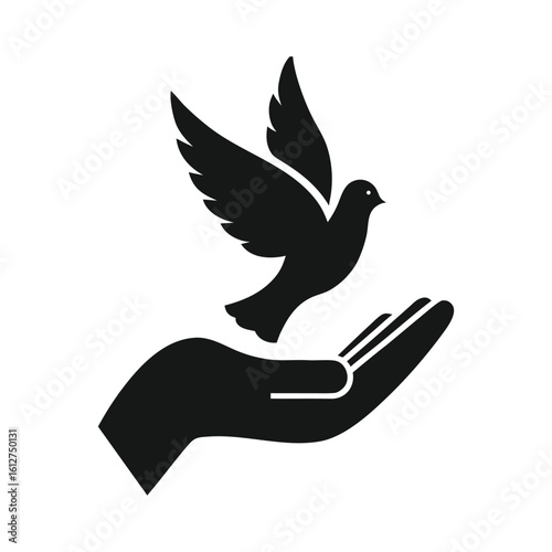 Simple and elegant dove on open hand silhouette vector icon illustration on white background. Perfect for spirituality, mindfulness, and social unity visuals.