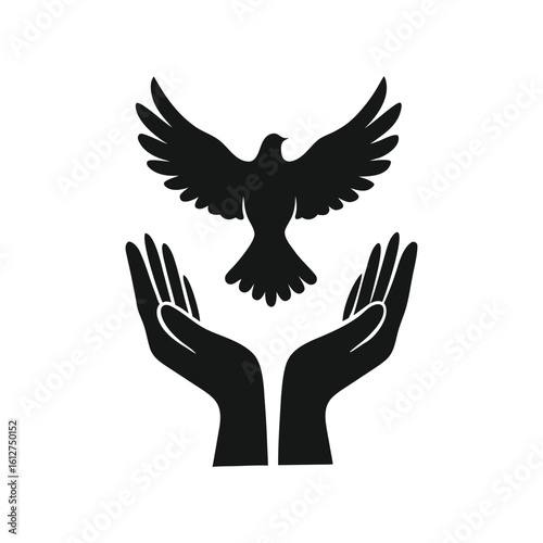 Clean black silhouette of a dove in a hand silhouette vector icon illustration on white background. Great for meditation, community outreach, and harmony-themed designs.