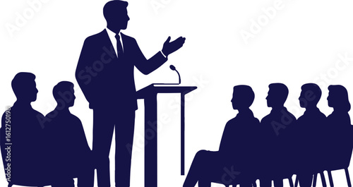 Public speaking event with silhouette of speaker and audience at business conference or seminar with podium microphone and crowd in attendance