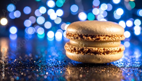 A single, pale macaron rests on a glittery surface, with a blurred background of colorful lights