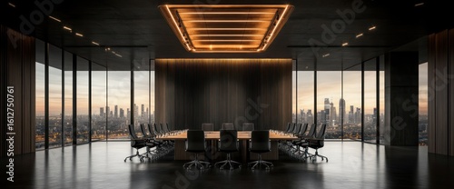 Modern boardroom with city view. Large table, chairs, dark decor. Sunset hues