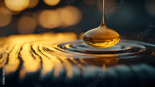 A golden liquid droplet falling into a pool of rippling liquid.