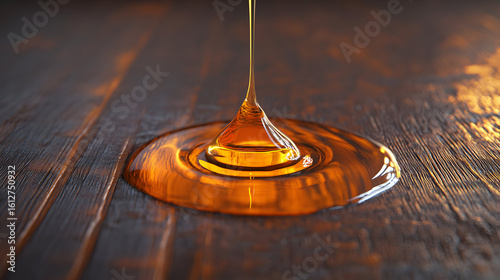 Honey drips onto a wooden surface forming a pool of sweet liquid.